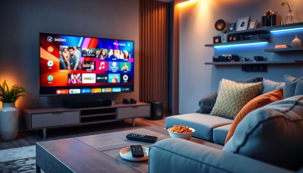 A modern living room setup showcasing an advanced IPTV experience. In the foreground, a sleek smart TV displays vibrant streaming options. A stylish coffee table holds a remote control and snacks, conveying a cozy atmosphere. In the middle ground, a comfortable sofa with colorful cushions invites viewers to relax. Ambient lighting casts a warm glow, enhancing the inviting mood. The background features a wall-mounted entertainment system with streaming devices and decor, symbolizing innovative tech solutions. The overall image captures a sense of comfort paired with cutting-edge technology, emphasizing the idea of enhancing the IPTV viewing experience. Use a slightly angled perspective to add depth, while keeping colors rich and inviting.