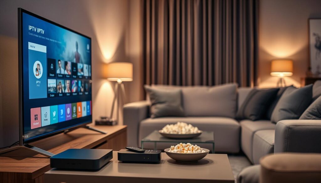 A modern living room setup showcasing essential equipment for enjoying IPTV. In the foreground, a sleek, smart TV displays a vibrant menu screen for IPTV channels. Beside it, a stylish streaming device sits on an elegant media console. In the middle, a comfortable couch with plush cushions invites relaxation, along with a small coffee table featuring a remote control and a bowl of popcorn. In the background, soft, ambient lighting from decorative lamps creates a warm atmosphere, enhancing the cozy feel of the space. The overall mood is inviting and tech-savvy, perfect for viewers looking to enhance their IPTV experience. The image is captured from a slightly elevated angle, emphasizing both the technology and the comfortable environment. A modern living room setup showcasing essential equipment for enjoying IPTV. In the foreground, a sleek, smart TV displays a vibrant menu screen for IPTV channels. Beside it, a stylish streaming device sits on an elegant media console. In the middle, a comfortable couch with plush cushions invites relaxation, along with a small coffee table featuring a remote control and a bowl of popcorn. In the background, soft, ambient lighting from decorative lamps creates a warm atmosphere, enhancing the cozy feel of the space. The overall mood is inviting and tech-savvy, perfect for viewers looking to enhance their IPTV experience. The image is captured from a slightly elevated angle, emphasizing both the technology and the comfortable environment.