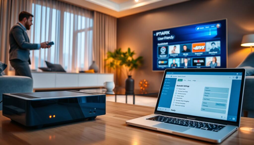 A modern living room setup showcasing the installation and configuration of an IPTV player. In the foreground, a sleek, high-tech IPTV box with glowing indicators is connected to a large flat-screen TV displaying a user-friendly interface. A person dressed in casual business attire is using a remote control, focused on the screen, demonstrating the setup process. The middle ground features a stylish coffee table with a laptop open, showing streaming options and network settings. The background reveals a comfortable sofa and subtle home decor, illuminated by warm, inviting lighting that creates a cozy atmosphere. The camera angle is a dynamic view from the side, providing depth to the scene while maintaining clarity on the IPTV installation. A modern living room setup showcasing the installation and configuration of an IPTV player. In the foreground, a sleek, high-tech IPTV box with glowing indicators is connected to a large flat-screen TV displaying a user-friendly interface. A person dressed in casual business attire is using a remote control, focused on the screen, demonstrating the setup process. The middle ground features a stylish coffee table with a laptop open, showing streaming options and network settings. The background reveals a comfortable sofa and subtle home decor, illuminated by warm, inviting lighting that creates a cozy atmosphere. The camera angle is a dynamic view from the side, providing depth to the scene while maintaining clarity on the IPTV installation.