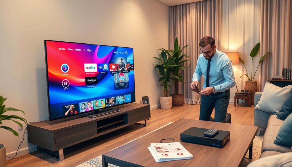 A modern living room setup showcasing the installation of IPTV. In the foreground, a sleek television displays a vibrant interface with various streaming options, while a knowledgeable technician in professional attire attentively connects cables and adjusts settings on a set-top box. The middle ground features a stylish coffee table with a user's guide and a remote. The background reveals a cozy, well-decorated space with warm lighting, plants, and soft furnishings, creating an inviting atmosphere. The image captures a sense of engagement and efficiency, highlighting the ease of IPTV installation. Use a warm color palette with soft shadows to enhance the inviting mood, and a slightly angled perspective to create depth. A modern living room setup showcasing the installation of IPTV. In the foreground, a sleek television displays a vibrant interface with various streaming options, while a knowledgeable technician in professional attire attentively connects cables and adjusts settings on a set-top box. The middle ground features a stylish coffee table with a user's guide and a remote. The background reveals a cozy, well-decorated space with warm lighting, plants, and soft furnishings, creating an inviting atmosphere. The image captures a sense of engagement and efficiency, highlighting the ease of IPTV installation. Use a warm color palette with soft shadows to enhance the inviting mood, and a slightly angled perspective to create depth.