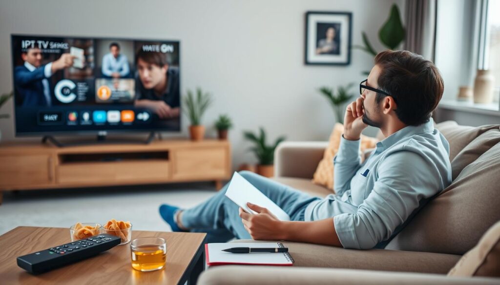 A modern living room setup with a person sitting on a comfortable couch, intently exploring an IPTV service on a sleek smart TV. The foreground features a stylish coffee table with a remote control, snacks, and a notepad with a pen, suggesting thoughtful engagement with the service. In the middle ground, the soft glow of the TV screen illuminates the person's focused expression, while the background showcases a warm and inviting decor, including potted plants and framed art. The scene is bathed in natural light from a window, creating a cozy yet professional atmosphere, emphasizing reliability and ease of use. The focus is on problem-solving and user satisfaction, capturing a sense of modern home entertainment. A modern living room setup with a person sitting on a comfortable couch, intently exploring an IPTV service on a sleek smart TV. The foreground features a stylish coffee table with a remote control, snacks, and a notepad with a pen, suggesting thoughtful engagement with the service. In the middle ground, the soft glow of the TV screen illuminates the person's focused expression, while the background showcases a warm and inviting decor, including potted plants and framed art. The scene is bathed in natural light from a window, creating a cozy yet professional atmosphere, emphasizing reliability and ease of use. The focus is on problem-solving and user satisfaction, capturing a sense of modern home entertainment.