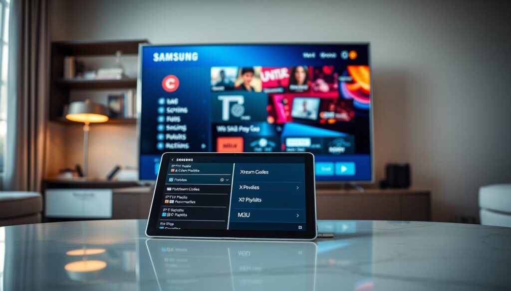 A modern living room showcasing a high-tech Samsung TV prominently displaying a digital interface for IPTV protocols. In the foreground, an elegant coffee table with a tablet showcasing Xtream Codes and M3U playlists, highlighting their functionality. The middle ground features the Samsung TV, visibly processing streaming data with colorful graphics representing IPTV connections. In the background, a soft-focus bookshelf with tech-related books, a sleek lamp casting warm ambient lighting, and stylish décor enhancing the tech-savvy atmosphere. The scene is brightly lit, conveying a mood of innovation and comfort, with a slight depth of field to emphasize the TV and tablet as focal points, captured from a slightly elevated angle. A modern living room showcasing a high-tech Samsung TV prominently displaying a digital interface for IPTV protocols. In the foreground, an elegant coffee table with a tablet showcasing Xtream Codes and M3U playlists, highlighting their functionality. The middle ground features the Samsung TV, visibly processing streaming data with colorful graphics representing IPTV connections. In the background, a soft-focus bookshelf with tech-related books, a sleek lamp casting warm ambient lighting, and stylish décor enhancing the tech-savvy atmosphere. The scene is brightly lit, conveying a mood of innovation and comfort, with a slight depth of field to emphasize the TV and tablet as focal points, captured from a slightly elevated angle.