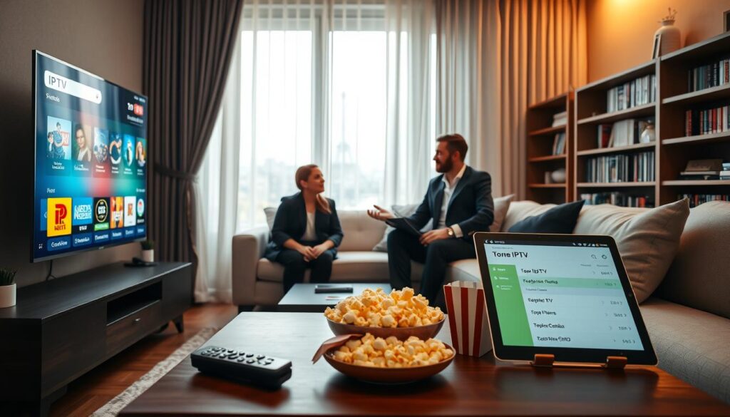 A modern living room, showcasing a large flat-screen TV displaying a vibrant IPTV interface. In the foreground, a stylish coffee table holds a remote, popcorn, and a tablet showing a list of top IPTV subscriptions. The middle ground features a comfortable sofa with two people in business casual attire discussing their viewing options. Soft, warm lighting filters through sheer curtains, creating a cozy atmosphere. In the background, a well-organized bookshelf filled with DVDs and books, and a window with a view of a Parisian skyline, adds a touch of sophistication. The composition is framed from a slightly elevated angle, emphasizing the lively discussion about IPTV subscriptions.