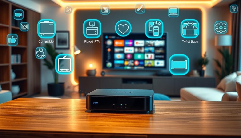 A modern living room showcasing a sleek IPTV box on a stylish wooden entertainment center, surrounded by various compatible IPTV application icons visually represented as digital holograms. In the foreground, a close-up of the IPTV box, gleaming with a soft, warm light. The middle ground features a contemporary flat-screen TV displaying a vibrant array of channels from the holograms above. The background consists of a cozy atmosphere with plush furniture and ambient lighting, creating an inviting feel. Use a shallow depth of field to emphasize the IPTV box and application icons while softly blurring the background. The overall mood should convey technological sophistication and modern entertainment. A modern living room showcasing a sleek IPTV box on a stylish wooden entertainment center, surrounded by various compatible IPTV application icons visually represented as digital holograms. In the foreground, a close-up of the IPTV box, gleaming with a soft, warm light. The middle ground features a contemporary flat-screen TV displaying a vibrant array of channels from the holograms above. The background consists of a cozy atmosphere with plush furniture and ambient lighting, creating an inviting feel. Use a shallow depth of field to emphasize the IPTV box and application icons while softly blurring the background. The overall mood should convey technological sophistication and modern entertainment.