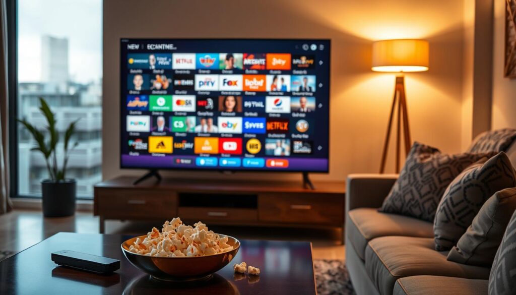 A modern living room showcasing a sleek, high-definition television displaying an array of vibrant channels, representing IPTV Nox Pro's extensive offerings. The foreground features a stylish coffee table with a remote control and a bowl of popcorn, suggesting a cozy viewing experience. In the middle, the television screen is filled with colorful icons and thumbnails, symbolizing thousands of exclusive channels and content. The background features a warm, inviting ambiance with soft lighting from a floor lamp, enhancing the atmosphere of a relaxed evening at home. A plush sofa is visible, with a decorative throw blanket elegantly draped over one arm. The overall mood is one of comfort and entertainment, inviting viewers to indulge in diverse content options.