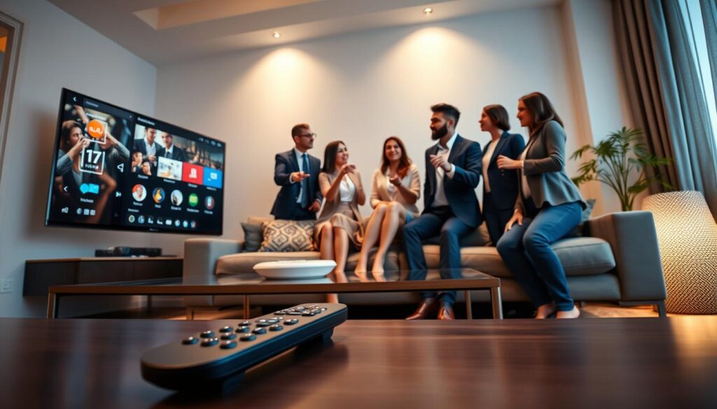 A modern living room showcasing advanced IPTV features, with a smart TV prominently displaying an intuitive user interface. In the foreground, a sleek remote control rests on a stylish coffee table. In the middle, a comfortable sofa is accented with decorative pillows, where a diverse group of three professionals, dressed in business casual attire, engage in animated discussion, pointing at the TV screen. In the background, a soft glow from ambient lighting highlights the room, creating a relaxed yet sophisticated atmosphere. The scene is captured from a low angle to emphasize the interplay of technology and human interaction, evoking innovation and connectivity in the realm of IPTV. A modern living room showcasing advanced IPTV features, with a smart TV prominently displaying an intuitive user interface. In the foreground, a sleek remote control rests on a stylish coffee table. In the middle, a comfortable sofa is accented with decorative pillows, where a diverse group of three professionals, dressed in business casual attire, engage in animated discussion, pointing at the TV screen. In the background, a soft glow from ambient lighting highlights the room, creating a relaxed yet sophisticated atmosphere. The scene is captured from a low angle to emphasize the interplay of technology and human interaction, evoking innovation and connectivity in the realm of IPTV.