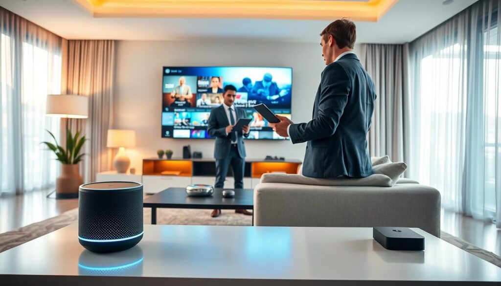 A modern living room showcasing advanced voice assistant technology and remote control features. In the foreground, a sleek, stylish smart speaker with glowing indicators sits on a minimalist coffee table. In the middle, a person dressed in professional attire is using a tablet to control various devices, illuminated by soft ambient lighting. The background features a large smart TV displaying vibrant streaming content, surrounded by automated curtains adjusting to natural light. Large windows enhance the room's brightness, creating an inviting atmosphere. The scene is captured from a slightly elevated perspective, highlighting the interaction between the user and the technology, with a warm, futuristic vibe that emphasizes innovation and convenience in home automation. A modern living room showcasing advanced voice assistant technology and remote control features. In the foreground, a sleek, stylish smart speaker with glowing indicators sits on a minimalist coffee table. In the middle, a person dressed in professional attire is using a tablet to control various devices, illuminated by soft ambient lighting. The background features a large smart TV displaying vibrant streaming content, surrounded by automated curtains adjusting to natural light. Large windows enhance the room's brightness, creating an inviting atmosphere. The scene is captured from a slightly elevated perspective, highlighting the interaction between the user and the technology, with a warm, futuristic vibe that emphasizes innovation and convenience in home automation.