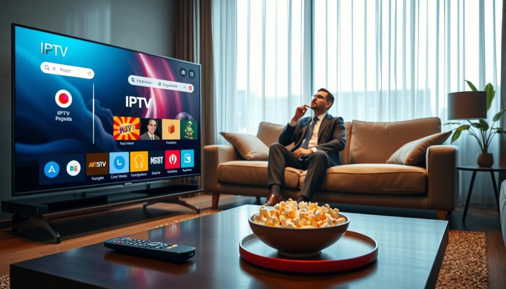 A modern living room showcasing an Android TV with a sleek IPTV application interface displayed on the screen. In the foreground, a stylish coffee table is decorated with a remote control and a bowl of popcorn, hinting at a cozy viewing experience. The middle ground features a comfortable sofa with a person in professional business attire sitting and contemplating their IPTV choice, looking engaged and focused. The background features a large window with natural light streaming in, creating a warm and inviting atmosphere. The color palette is vibrant yet soothing, with soft light emphasizing the technological aspects of the IPTV experience while maintaining a homey feel. The image conveys a sense of innovation and comfort in entertainment. A modern living room showcasing an Android TV with a sleek IPTV application interface displayed on the screen. In the foreground, a stylish coffee table is decorated with a remote control and a bowl of popcorn, hinting at a cozy viewing experience. The middle ground features a comfortable sofa with a person in professional business attire sitting and contemplating their IPTV choice, looking engaged and focused. The background features a large window with natural light streaming in, creating a warm and inviting atmosphere. The color palette is vibrant yet soothing, with soft light emphasizing the technological aspects of the IPTV experience while maintaining a homey feel. The image conveys a sense of innovation and comfort in entertainment.