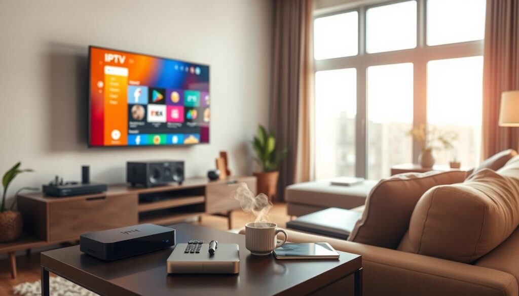 A modern living room showcasing compatibility with Pure IPTV devices. In the foreground, a sleek smart TV mounted on the wall displays a colorful IPTV interface. Below it, a stylish media console holds a streaming box, a remote control, and various devices like a laptop and a tablet, all positioned neatly. The middle ground features a cozy sofa and a coffee table with a steaming mug and a notebook, suggesting a relaxed viewing experience. In the background, large windows let in bright, natural light, creating an inviting and warm atmosphere. Use a soft focus for the background to emphasize clarity on the devices. The overall mood is cozy and tech-savvy, indicating a seamless integration of technology in everyday life.
