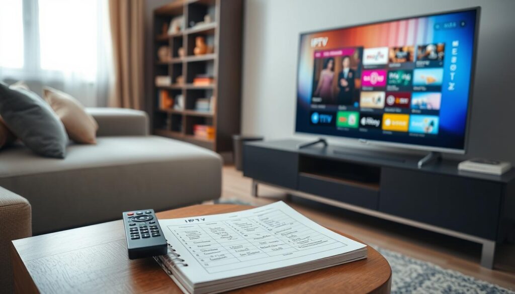 A modern living room with a comfortable sofa and a large flat-screen TV displaying a colorful IPTV interface. In the foreground, a coffee table holds a remote control and a notebook with IPTV plans written in well-organized charts. The middle layer includes a stylish bookshelf featuring Tunisian cultural artifacts like pottery and books. In the background, a window lets in soft, natural light, creating a warm and inviting atmosphere. The scene is framed from a slight angle to capture both the TV and the inviting décor, conveying a sense of contemporary lifestyle. The overall mood is professional yet relaxed, reflecting the accessibility and appeal of IPTV services in France. A modern living room with a comfortable sofa and a large flat-screen TV displaying a colorful IPTV interface. In the foreground, a coffee table holds a remote control and a notebook with IPTV plans written in well-organized charts. The middle layer includes a stylish bookshelf featuring Tunisian cultural artifacts like pottery and books. In the background, a window lets in soft, natural light, creating a warm and inviting atmosphere. The scene is framed from a slight angle to capture both the TV and the inviting décor, conveying a sense of contemporary lifestyle. The overall mood is professional yet relaxed, reflecting the accessibility and appeal of IPTV services in France.