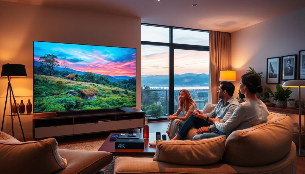 A modern living room with a large, sleek Smart TV prominently displaying a stunning 4K scene of nature, showcasing vibrant colors and intricate details. The ambiance is cozy, with warm lighting from stylish lamps and a large window revealing a peaceful outdoor view. In the foreground, a comfortable sofa with plush cushions invites relaxation, and a coffee table is scattered with smart home devices. The middle ground features the engaged family members, dressed in professional casual attire, enjoying IPTV content together. In the background, tasteful decor elements such as framed artwork and houseplants enhance the inviting atmosphere. The overall mood is one of tranquility and modern technology, emphasizing high-quality image resolution. A modern living room with a large, sleek Smart TV prominently displaying a stunning 4K scene of nature, showcasing vibrant colors and intricate details. The ambiance is cozy, with warm lighting from stylish lamps and a large window revealing a peaceful outdoor view. In the foreground, a comfortable sofa with plush cushions invites relaxation, and a coffee table is scattered with smart home devices. The middle ground features the engaged family members, dressed in professional casual attire, enjoying IPTV content together. In the background, tasteful decor elements such as framed artwork and houseplants enhance the inviting atmosphere. The overall mood is one of tranquility and modern technology, emphasizing high-quality image resolution.