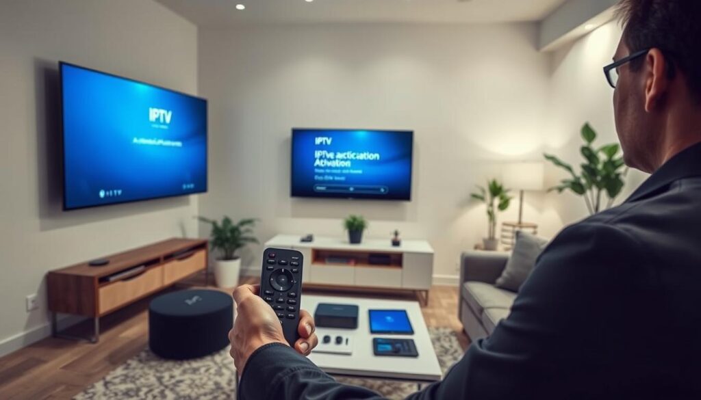 A modern living room with a sleek Smart TV displaying an IPTV activation screen. In the foreground, a person in smart casual attire is holding a remote control, focused on the TV. The middle layer includes a comfortable sofa, a stylish coffee table with IT gadgets like a streaming device and a tablet. The background features a well-lit, cozy atmosphere with soft white lighting, accentuating the wall-mounted TV and minimalistic decor. The room is inviting, with a few houseplants adding a touch of greenery. The angle is slightly elevated, offering a comprehensive view of the TV and the person, creating a sense of engagement with the technology. The overall mood is informative and relaxed, perfect for illustrating the installation and activation process. A modern living room with a sleek Smart TV displaying an IPTV activation screen. In the foreground, a person in smart casual attire is holding a remote control, focused on the TV. The middle layer includes a comfortable sofa, a stylish coffee table with IT gadgets like a streaming device and a tablet. The background features a well-lit, cozy atmosphere with soft white lighting, accentuating the wall-mounted TV and minimalistic decor. The room is inviting, with a few houseplants adding a touch of greenery. The angle is slightly elevated, offering a comprehensive view of the TV and the person, creating a sense of engagement with the technology. The overall mood is informative and relaxed, perfect for illustrating the installation and activation process.