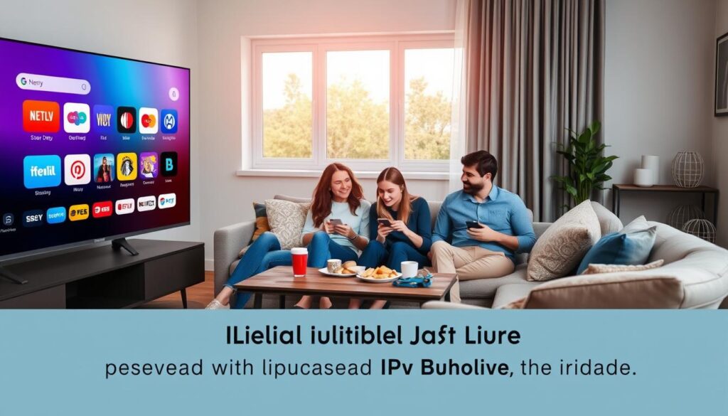 A modern living room with a sleek, large-screen television displaying colorful streaming icons, symbolizing a reliable IPTV service. In the foreground, a friendly family of four, dressed in smart casual clothing, is gathered on a cozy sofa, happily browsing through content on their smart device. The middle layer features a stylish coffee table with snacks and drinks, creating a relaxed atmosphere. In the background, a window with soft natural light filters through, enhancing the inviting ambiance. The overall mood is warm and engaging, emphasizing the excitement of regular updates and fresh content. The scene conveys a sense of reliability and modern entertainment technology.