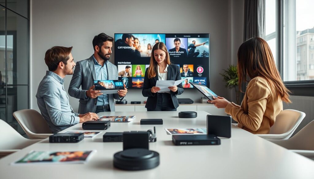 A modern office environment showcasing a professional consultation about IPTV services in France. In the foreground, two diverse business professionals, one man and one woman, are discussing plans while reviewing digital devices displaying IPTV content. In the middle ground, a sleek, modern conference table with high-tech gadgets and brochures about IPTV solutions. The background features a large screen displaying vibrant television shows and films, symbolizing the reliability of a trusted IPTV agency. Soft, natural lighting filters through large windows, creating a warm and inviting atmosphere. The camera angle is slightly elevated, capturing both the engaged professionals and the digital content, evoking a sense of trust and professionalism. A modern office environment showcasing a professional consultation about IPTV services in France. In the foreground, two diverse business professionals, one man and one woman, are discussing plans while reviewing digital devices displaying IPTV content. In the middle ground, a sleek, modern conference table with high-tech gadgets and brochures about IPTV solutions. The background features a large screen displaying vibrant television shows and films, symbolizing the reliability of a trusted IPTV agency. Soft, natural lighting filters through large windows, creating a warm and inviting atmosphere. The camera angle is slightly elevated, capturing both the engaged professionals and the digital content, evoking a sense of trust and professionalism.