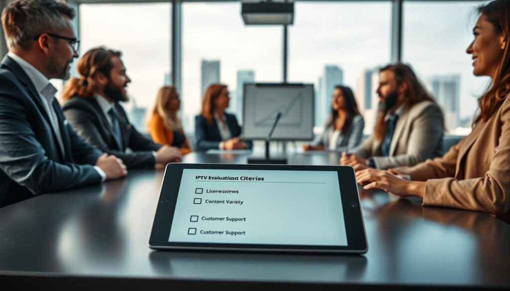 A modern office setting conveys professionalism, featuring a sleek conference table surrounded by four diverse individuals in business attire, engaged in a discussion about IPTV evaluation criteria. In the foreground, a tablet displaying a checklist with clear criteria like "Licensing," "User Reviews," "Content Variety," and "Customer Support." The middle ground shows a whiteboard with diagrams representing reliability metrics. The background reveals large windows with a cityscape view, allowing natural light to flood the room, creating a bright and inviting atmosphere. The focus is sharp on the tablet and discussion participants, with a slight bokeh effect on the cityscape to emphasize the importance of the criteria being evaluated. The mood is collaborative and analytical, highlighting the seriousness of the topic. A modern office setting conveys professionalism, featuring a sleek conference table surrounded by four diverse individuals in business attire, engaged in a discussion about IPTV evaluation criteria. In the foreground, a tablet displaying a checklist with clear criteria like "Licensing," "User Reviews," "Content Variety," and "Customer Support." The middle ground shows a whiteboard with diagrams representing reliability metrics. The background reveals large windows with a cityscape view, allowing natural light to flood the room, creating a bright and inviting atmosphere. The focus is sharp on the tablet and discussion participants, with a slight bokeh effect on the cityscape to emphasize the importance of the criteria being evaluated. The mood is collaborative and analytical, highlighting the seriousness of the topic.