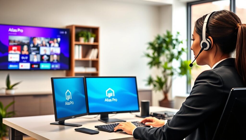 A modern office setting showcasing a client support scenario for Atlas Pro IPTV. In the foreground, a professional customer service representative, a woman in smart business attire, is engaged in a conversation with a customer via a headset. She is seated at a sleek desk with dual computer monitors displaying help desk software and an Atlas Pro logo. In the middle ground, a wall-mounted screen shows a vibrant interface of IPTV offerings. The background features soft-focus elements like a well-organized bookshelf and indoor plants, creating a welcoming atmosphere. The lighting is bright and inviting, with natural light streaming through large windows. The mood conveys professionalism, accessibility, and support, focusing on dedication to client assistance. A modern office setting showcasing a client support scenario for Atlas Pro IPTV. In the foreground, a professional customer service representative, a woman in smart business attire, is engaged in a conversation with a customer via a headset. She is seated at a sleek desk with dual computer monitors displaying help desk software and an Atlas Pro logo. In the middle ground, a wall-mounted screen shows a vibrant interface of IPTV offerings. The background features soft-focus elements like a well-organized bookshelf and indoor plants, creating a welcoming atmosphere. The lighting is bright and inviting, with natural light streaming through large windows. The mood conveys professionalism, accessibility, and support, focusing on dedication to client assistance.