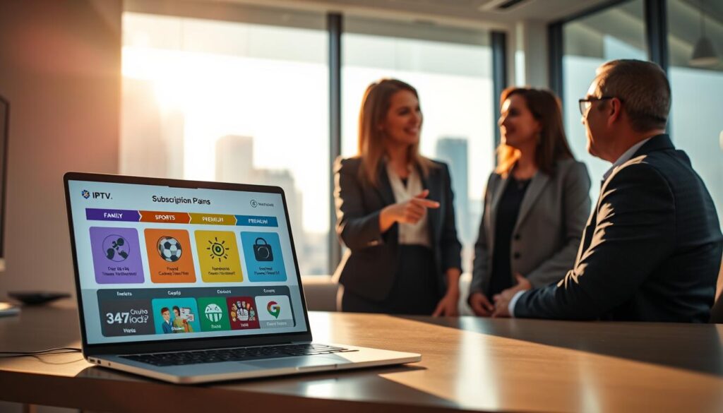 A modern office setting showcasing different types of IPTV subscription plans. In the foreground, a sleek desk with a laptop displaying a colorful infographic of IPTV packages—family, sports, and premium options, each represented with distinct icons. In the middle ground, a professional woman in business attire is discussing these options with a client, pointing at the screen with an engaged expression. The background features a large window with cityscape views under bright daylight, enhancing the atmosphere of a bustling tech-driven environment. Soft, warm lighting creates an inviting mood, while the focus is sharp on the subjects, highlighting the details of the subscription plans.
