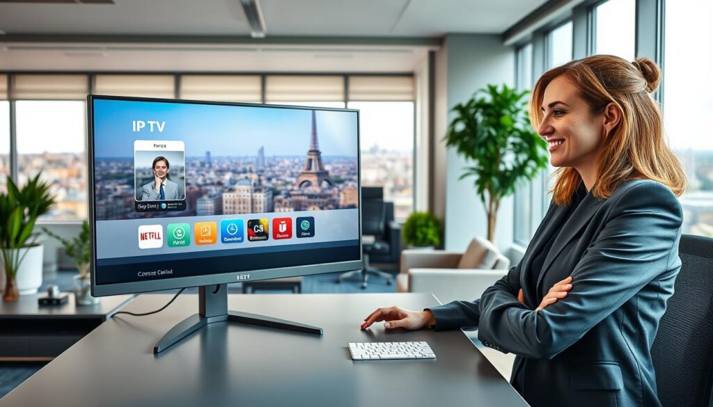 A modern, professional office environment featuring a sleek desktop with a large computer screen displaying an IPTV service interface. In the foreground, a confident businesswoman in professional attire is engaging with the screen, her expression reflecting enthusiasm and expertise. In the middle ground, a contemporary office setup showcases stylish furniture, plants, and tech gadgets highlighting an innovative workspace. The background reveals a panoramic window with a view of a vibrant Paris skyline, suggesting the location and cultural context. The lighting is bright and inviting, with soft shadows for depth, creating an atmosphere of professionalism and trust. The composition captures the essence of a leading IPTV provider in France.