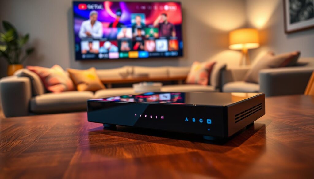 A modern, sleek IPTV media player prominently displayed on a polished wooden table, surrounded by a cozy living room setting. In the foreground, the device has a glossy finish with illuminated buttons, suggesting advanced technology. The middle ground features a comfy couch with colorful cushions, and a large flat-screen TV in the background showcasing vibrant streaming content. Soft, warm lighting creates an inviting atmosphere, highlighting the details of the IPTV player. The camera angle is slightly above, providing a dynamic view of the setup, capturing both the device and the engaging content on the screen. Overall, the image conveys a sense of reliability and comfort in home entertainment, ideal for those looking for a seamless streaming experience. A modern, sleek IPTV media player prominently displayed on a polished wooden table, surrounded by a cozy living room setting. In the foreground, the device has a glossy finish with illuminated buttons, suggesting advanced technology. The middle ground features a comfy couch with colorful cushions, and a large flat-screen TV in the background showcasing vibrant streaming content. Soft, warm lighting creates an inviting atmosphere, highlighting the details of the IPTV player. The camera angle is slightly above, providing a dynamic view of the setup, capturing both the device and the engaging content on the screen. Overall, the image conveys a sense of reliability and comfort in home entertainment, ideal for those looking for a seamless streaming experience.
