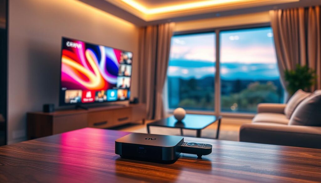 A modern, sleek IPTV setup illustrating "Caractéristiques techniques et qualité de mon abonnement IPTV 12 mois." In the foreground, a high-resolution smart TV displays vibrant streaming content, showcasing fluid motion and sharp details. Nearby, a stylish streaming device and remote control rest on a polished wooden table. The middle ground features an elegant, illuminated living space, emphasizing a relaxed viewing area with comfortable seating. Soft, ambient lighting casts a warm glow, creating an inviting atmosphere. A sharp focus on the TV in vibrant colors contrasts with the subtle tones of the surrounding room. In the background, a blurred window shows a peaceful evening sky, adding depth to the scene. The overall mood is sophisticated yet cozy, highlighting modern technology and quality entertainment. A modern, sleek IPTV setup illustrating "Caractéristiques techniques et qualité de mon abonnement IPTV 12 mois." In the foreground, a high-resolution smart TV displays vibrant streaming content, showcasing fluid motion and sharp details. Nearby, a stylish streaming device and remote control rest on a polished wooden table. The middle ground features an elegant, illuminated living space, emphasizing a relaxed viewing area with comfortable seating. Soft, ambient lighting casts a warm glow, creating an inviting atmosphere. A sharp focus on the TV in vibrant colors contrasts with the subtle tones of the surrounding room. In the background, a blurred window shows a peaceful evening sky, adding depth to the scene. The overall mood is sophisticated yet cozy, highlighting modern technology and quality entertainment.