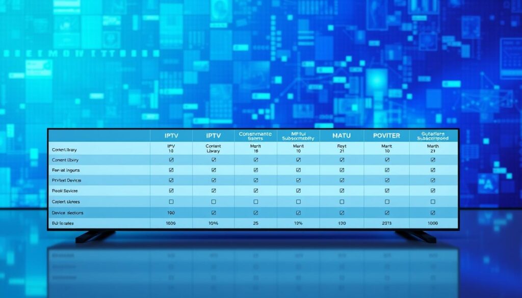 A modern, sleek comparison table showcasing IPTV subscription plans for 2026, arranged in a clean, organized layout. In the foreground, include distinct sections for different service providers with icons representing features like content library, pricing, and device compatibility. In the middle ground, have a vibrant digital background with a gradient of blue and green tones, creating a tech-savvy atmosphere. Soft, evenly distributed lighting highlights the table’s details while adding depth. The table should appear on a reflective surface to emphasize a high-tech environment. Capture the mood of innovation and accessibility in the world of IPTV services, ensuring that no text or logos are present, just a visually appealing and informative table. A modern, sleek comparison table showcasing IPTV subscription plans for 2026, arranged in a clean, organized layout. In the foreground, include distinct sections for different service providers with icons representing features like content library, pricing, and device compatibility. In the middle ground, have a vibrant digital background with a gradient of blue and green tones, creating a tech-savvy atmosphere. Soft, evenly distributed lighting highlights the table’s details while adding depth. The table should appear on a reflective surface to emphasize a high-tech environment. Capture the mood of innovation and accessibility in the world of IPTV services, ensuring that no text or logos are present, just a visually appealing and informative table.