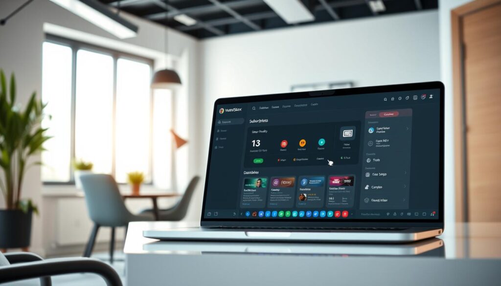 A modern, sleek digital interface representing the V2 client space for managing an IPTV subscription, set against a bright, clean background. In the foreground, show a laptop screen with a user-friendly dashboard featuring subscription details, simplistic navigation, and vibrant icons for easy access. In the middle ground, subtly include elements that indicate user interaction, like a hand hovering over the screen or a cursor clicking on a menu option. The background features a stylish office setting with soft, natural lighting coming from a nearby window, creating a professional and inviting atmosphere. Use a wide-angle lens effect to emphasize the screen while keeping the focus sharp on the dashboard elements. The overall mood should convey simplicity and efficiency in subscription management. A modern, sleek digital interface representing the V2 client space for managing an IPTV subscription, set against a bright, clean background. In the foreground, show a laptop screen with a user-friendly dashboard featuring subscription details, simplistic navigation, and vibrant icons for easy access. In the middle ground, subtly include elements that indicate user interaction, like a hand hovering over the screen or a cursor clicking on a menu option. The background features a stylish office setting with soft, natural lighting coming from a nearby window, creating a professional and inviting atmosphere. Use a wide-angle lens effect to emphasize the screen while keeping the focus sharp on the dashboard elements. The overall mood should convey simplicity and efficiency in subscription management.