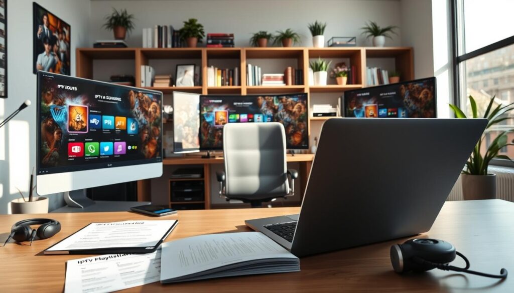 A modern, sleek digital workspace featuring a computer desk with multiple screens displaying vibrant IPTV playlist sources. In the foreground, a laptop with an open streaming application and documents showcasing IPTV links. The middle area includes a stylish office chair and some tech gadgets, such as a tablet and headphones, enhancing the tech-savvy atmosphere. In the background, a well-organized bookshelf filled with books on technology and streaming alongside decorative plants. Bright, natural light streams through a large window, casting soft shadows and creating a productive mood. The scene conveys a sense of reliability and professionalism in discovering IPTV playlists. The perspective is slightly angled downwards, capturing the essence of a dedicated space for IPTV testing. A modern, sleek digital workspace featuring a computer desk with multiple screens displaying vibrant IPTV playlist sources. In the foreground, a laptop with an open streaming application and documents showcasing IPTV links. The middle area includes a stylish office chair and some tech gadgets, such as a tablet and headphones, enhancing the tech-savvy atmosphere. In the background, a well-organized bookshelf filled with books on technology and streaming alongside decorative plants. Bright, natural light streams through a large window, casting soft shadows and creating a productive mood. The scene conveys a sense of reliability and professionalism in discovering IPTV playlists. The perspective is slightly angled downwards, capturing the essence of a dedicated space for IPTV testing.