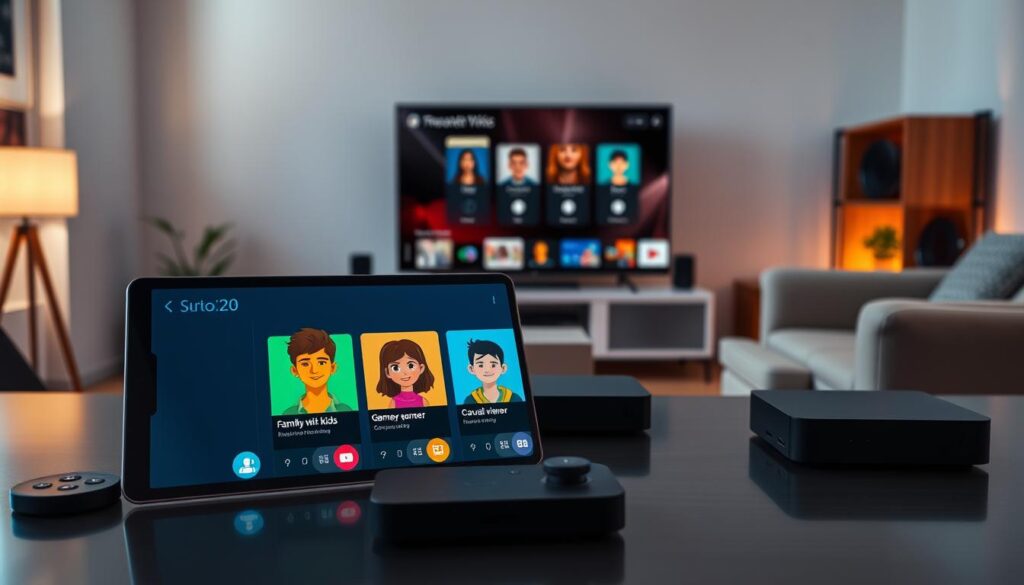 A modern, sleek digital workspace showcasing user profiles for streaming devices. In the foreground, display three distinct user profiles on a stylish tablet screen. Each profile should be visually unique: one representing a family with kids, another a gamer, and a third a casual viewer. Use bright, engaging colors for their avatar icons. In the middle, feature a contemporary desk with a stylish streaming box and remote control, along with a smart TV displaying an interface for user selection. In the background, include a softly lit living room scene with a cozy couch and ambient lighting to create a welcoming atmosphere. The overall mood should be inviting and tech-savvy, capturing the essence of user-specific needs for 2026. A modern, sleek digital workspace showcasing user profiles for streaming devices. In the foreground, display three distinct user profiles on a stylish tablet screen. Each profile should be visually unique: one representing a family with kids, another a gamer, and a third a casual viewer. Use bright, engaging colors for their avatar icons. In the middle, feature a contemporary desk with a stylish streaming box and remote control, along with a smart TV displaying an interface for user selection. In the background, include a softly lit living room scene with a cozy couch and ambient lighting to create a welcoming atmosphere. The overall mood should be inviting and tech-savvy, capturing the essence of user-specific needs for 2026.