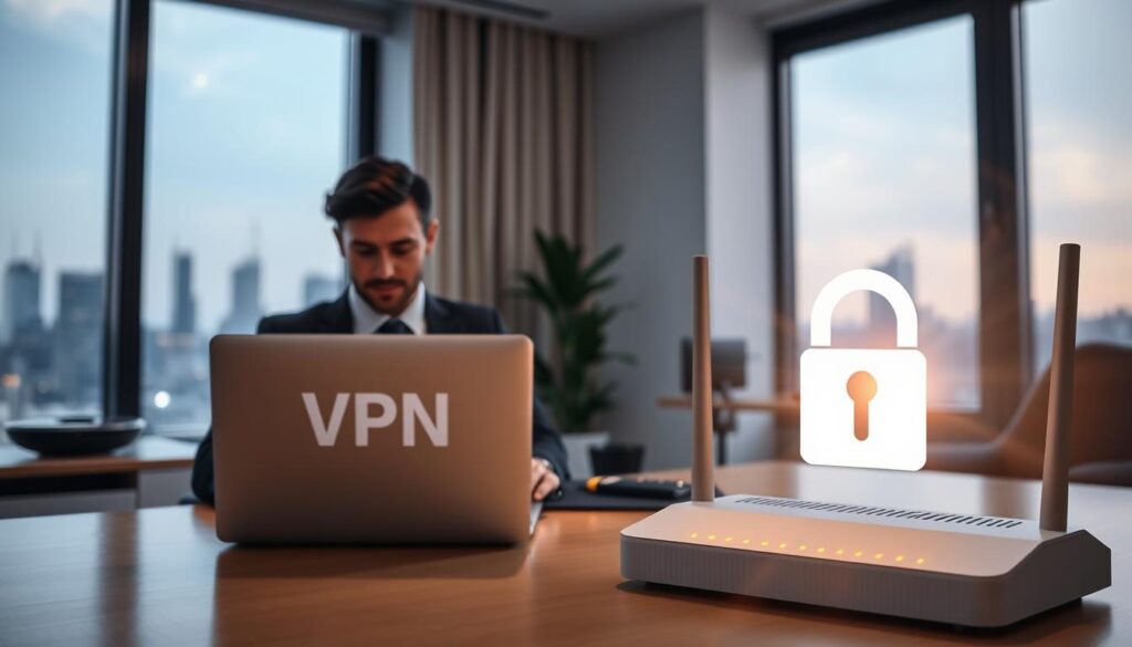 A modern, sleek home office featuring a person in business attire sitting at a desk, focused on a laptop displaying an IPTV interface. In the foreground, a VPN icon is prominently displayed to symbolize security and privacy. The middle ground includes a high-tech router with glowing lights, suggesting strong internet connectivity. The background features a window with a cityscape view, indicating that the setting is urban and advanced. Soft, ambient lighting creates a calm and professional atmosphere, complemented by a slight lens flare to enhance the digital vibe. The overall mood is one of sophistication and technology, emphasizing the role of VPN with IPTV in ensuring secure and unrestricted access to content, with no distractions or additional elements present.
