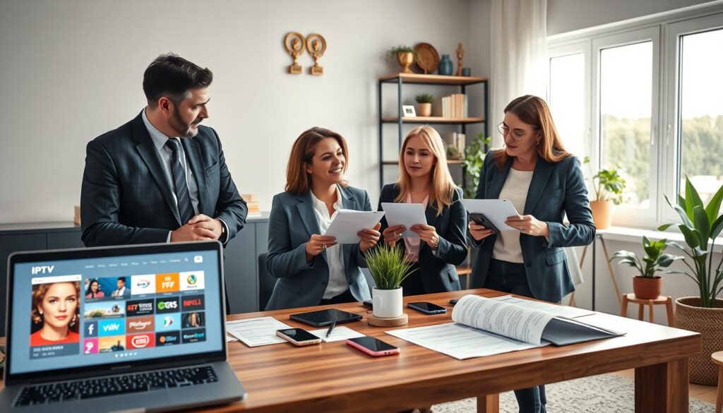 A modern, sleek home office scene showcasing a diverse group of three professionals—one man and two women—dressed in smart business attire, engaged in a lively discussion about IPTV subscription options. The foreground features a large laptop displaying a user-friendly IPTV interface with colorful channels. In the middle, a stylish wooden table holds various tech gadgets like smartphones and tablets, along with pamphlets outlining essential criteria for choosing the best legal IPTV subscription in France. The background shows a large window with natural light streaming in, plants adding a touch of greenery, and a shelf filled with books and awards, creating a positive and productive atmosphere. The overall mood is collaborative and insightful, illuminated with soft but bright lighting from the window, captured from a slightly elevated angle. A modern, sleek home office scene showcasing a diverse group of three professionals—one man and two women—dressed in smart business attire, engaged in a lively discussion about IPTV subscription options. The foreground features a large laptop displaying a user-friendly IPTV interface with colorful channels. In the middle, a stylish wooden table holds various tech gadgets like smartphones and tablets, along with pamphlets outlining essential criteria for choosing the best legal IPTV subscription in France. The background shows a large window with natural light streaming in, plants adding a touch of greenery, and a shelf filled with books and awards, creating a positive and productive atmosphere. The overall mood is collaborative and insightful, illuminated with soft but bright lighting from the window, captured from a slightly elevated angle.