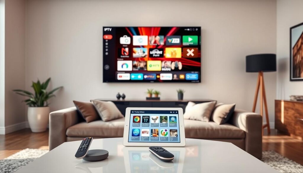 A modern, sleek living room featuring a large wall-mounted flat-screen TV displaying a lively IPTV interface. In the foreground, a stylish coffee table holds a remote control and a tablet showcasing various IPTV freeware applications. The middle ground includes a comfortable sofa with plush cushions, and a window allowing natural light to flow in, creating a bright and inviting atmosphere. In the background, subtle decorations like houseplants and abstract art on the walls enhance the contemporary vibe. The room is warm and cozy, evoking a sense of innovation and entertainment. Use soft lighting to create a relaxed mood, focusing on clarity and detail in the design elements.