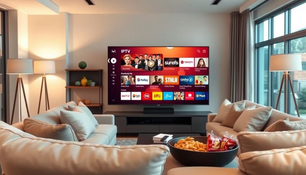 A modern, sleek living room setting designed for watching IPTV. In the foreground, a stylish flat-screen TV displays a vibrant user interface of an IPTV application, showcasing various channel options. In the middle, a comfortable sofa adorned with soft, neutral-colored cushions creates an inviting atmosphere. A coffee table with a remote control and snacks adds a lived-in feel. The background features warm, ambient lighting from floor lamps and large windows allowing daylight to blend with cozy evening light. The scene conveys a sense of relaxation and modern technology, inviting viewers to explore the possibilities of IPTV. The overall mood is friendly and engaging, emphasizing the comfort of home entertainment.