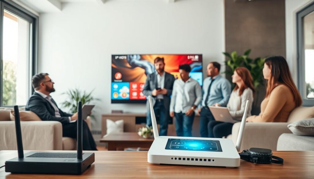 A modern, sleek living room setting, featuring a large flat-screen TV displaying a vibrant IPTV interface. In the foreground, a diverse group of four adults, dressed in smart casual attire, are engaged in a discussion, surrounded by gadgets like routers and laptops. The middle section showcases a digital tablet with network optimization apps open, and a wireless router emitting a soft glow, symbolizing connectivity. In the background, large windows let in natural light, creating a warm atmosphere, with indoor plants adding a touch of color. The overall mood is focused and collaborative, emphasizing the theme of optimizing IPTV connections. Bright, even lighting enhances the tech-savvy environment with a touch of modernity.