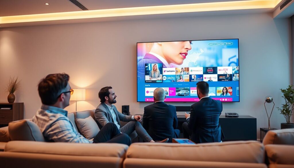 A modern, sleek living room with a large flat-screen TV displaying vibrant streaming content, showcasing various IPTV services in an engaging interface. In the foreground, a diverse group of three people—two men and one woman—are seated comfortably on a stylish sofa, dressed in professional business attire, discussing the benefits of reliable IPTV services for 2025. The room is elegantly furnished, with warm lighting creating a cozy atmosphere. In the background, subtle decorations reflect a contemporary design aesthetic, enhancing the idea of technology and comfort merging. The angle captures both the interaction among the individuals and the captivating TV screen, emphasizing the significance of trustworthy IPTV services in today's digital home entertainment landscape.