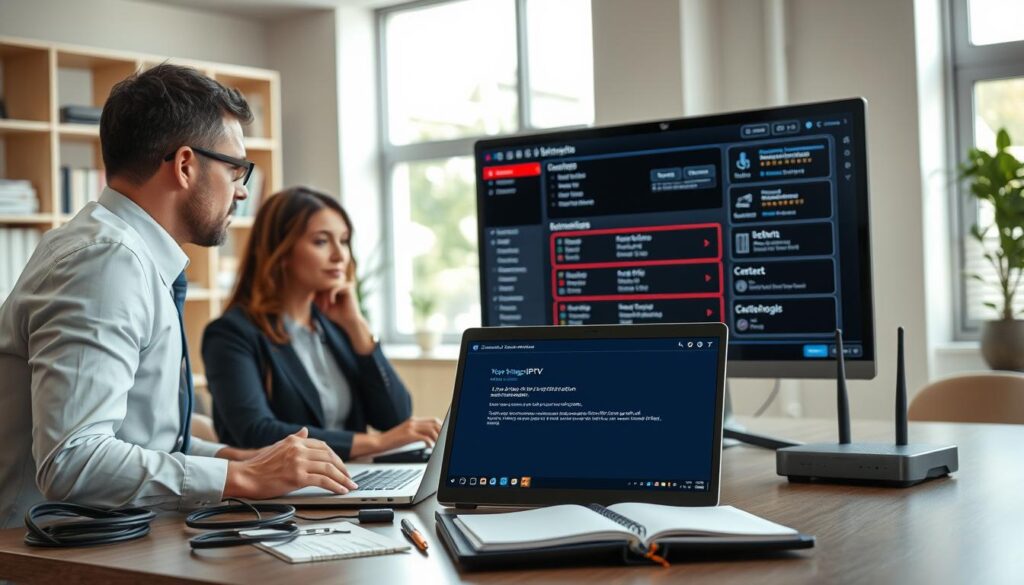 A modern, sleek office environment depicting an indoor scene focused on troubleshooting IPTV technical issues. In the foreground, a professional-looking person, dressed in business attire, is engaged in a conversation while examining a laptop with IPTV software open, displaying error messages. In the middle ground, a large monitor shows various diagnostic tools and settings related to IPTV. Tools like cables, a router, and a notepad with troubleshooting notes are scattered on the desk. The background features a softly lit room with shelves of tech books and a window letting in natural light, creating a calm yet focused atmosphere. The image conveys a sense of professionalism and problem-solving, suitable for illustrating technical challenges in IPTV. A modern, sleek office environment depicting an indoor scene focused on troubleshooting IPTV technical issues. In the foreground, a professional-looking person, dressed in business attire, is engaged in a conversation while examining a laptop with IPTV software open, displaying error messages. In the middle ground, a large monitor shows various diagnostic tools and settings related to IPTV. Tools like cables, a router, and a notepad with troubleshooting notes are scattered on the desk. The background features a softly lit room with shelves of tech books and a window letting in natural light, creating a calm yet focused atmosphere. The image conveys a sense of professionalism and problem-solving, suitable for illustrating technical challenges in IPTV.