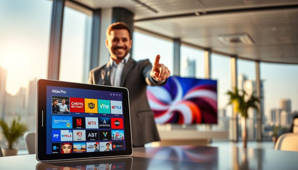 A modern, sleek office environment showcasing the Atlas Pro IPTV service offerings. In the foreground, display a stylish tablet showing a vibrant screen filled with colorful icons representing various subscription packages and channels. The middle ground features a professional individual, dressed in business attire, pointing at the tablet with an engaging smile, suggesting expertise in IPTV services. In the background, large windows allow natural light to flood the room, revealing a city skyline, evoking a sense of technology and modernity. The overall mood is bright and inviting, symbolizing innovation and connection in digital entertainment. The lighting is warm yet dynamic, capturing the enthusiasm of exploring new subscription options. A modern, sleek office environment showcasing the Atlas Pro IPTV service offerings. In the foreground, display a stylish tablet showing a vibrant screen filled with colorful icons representing various subscription packages and channels. The middle ground features a professional individual, dressed in business attire, pointing at the tablet with an engaging smile, suggesting expertise in IPTV services. In the background, large windows allow natural light to flood the room, revealing a city skyline, evoking a sense of technology and modernity. The overall mood is bright and inviting, symbolizing innovation and connection in digital entertainment. The lighting is warm yet dynamic, capturing the enthusiasm of exploring new subscription options.