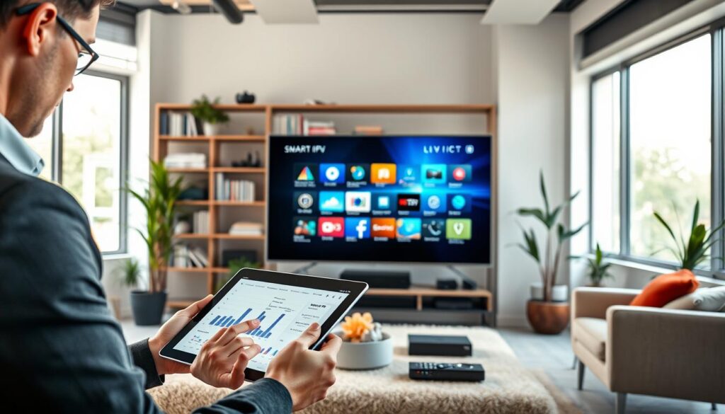 A modern, sleek office setting focused on Smart IPTV technology. In the foreground, a professional individual in smart casual attire is analyzing data on a high-tech tablet, with charts and graphs visibly displaying the advantages and limitations of Smart IPTV. In the middle ground, a large, ultra-high-definition screen showcases various IPTV platforms and features, surrounded by tech gadgets like a remote control and streaming device. The background includes a stylish bookshelf filled with technology books and plants for a refreshing touch. Soft, natural light streams through large windows, creating an inviting atmosphere. The overall mood is one of expertise and insight, emphasizing informed decision-making regarding Smart IPTV. A modern, sleek office setting focused on Smart IPTV technology. In the foreground, a professional individual in smart casual attire is analyzing data on a high-tech tablet, with charts and graphs visibly displaying the advantages and limitations of Smart IPTV. In the middle ground, a large, ultra-high-definition screen showcases various IPTV platforms and features, surrounded by tech gadgets like a remote control and streaming device. The background includes a stylish bookshelf filled with technology books and plants for a refreshing touch. Soft, natural light streams through large windows, creating an inviting atmosphere. The overall mood is one of expertise and insight, emphasizing informed decision-making regarding Smart IPTV.