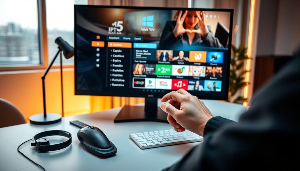 A modern, sleek workspace featuring a high-end Windows computer displaying an IPTV player interface on the screen, clearly showing channel options and streaming details. In the foreground, a pair of professional hands is adjusting settings with a mouse, emphasizing user interaction. The middle ground includes a stylish desk with technical gadgets like a remote control and headphones, enhancing the tech-savvy atmosphere. The background is softly lit with warm ambient lighting, creating a comfortable and inviting mood. The scene conveys a sense of professionalism and reliability, with a subtle hint of futuristic aesthetics. Use a wide-angle lens to capture the entire setup, focusing on the vibrant colors of the IPTV interface and the sleek design of the workspace.