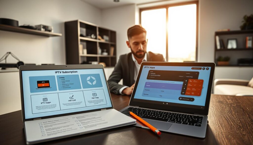 A modern, sleek workspace set in a well-lit room that conveys a sense of professionalism and technological advancement. In the foreground, a person in smart casual attire is sitting at a desk, attentively reviewing a digital tablet displaying an IPTV subscription interface. The middle ground features an open laptop with diagrams showcasing the IPTV ordering process, alongside a notepad with lists and checkmarks indicating steps to follow. In the background, a large window lets in natural light, casting a warm glow, and there are shelves with tech gadgets and books about media streaming. The overall mood is focused and inviting, highlighting the simplicity and ease of subscribing to a premium IPTV service. A modern, sleek workspace set in a well-lit room that conveys a sense of professionalism and technological advancement. In the foreground, a person in smart casual attire is sitting at a desk, attentively reviewing a digital tablet displaying an IPTV subscription interface. The middle ground features an open laptop with diagrams showcasing the IPTV ordering process, alongside a notepad with lists and checkmarks indicating steps to follow. In the background, a large window lets in natural light, casting a warm glow, and there are shelves with tech gadgets and books about media streaming. The overall mood is focused and inviting, highlighting the simplicity and ease of subscribing to a premium IPTV service.