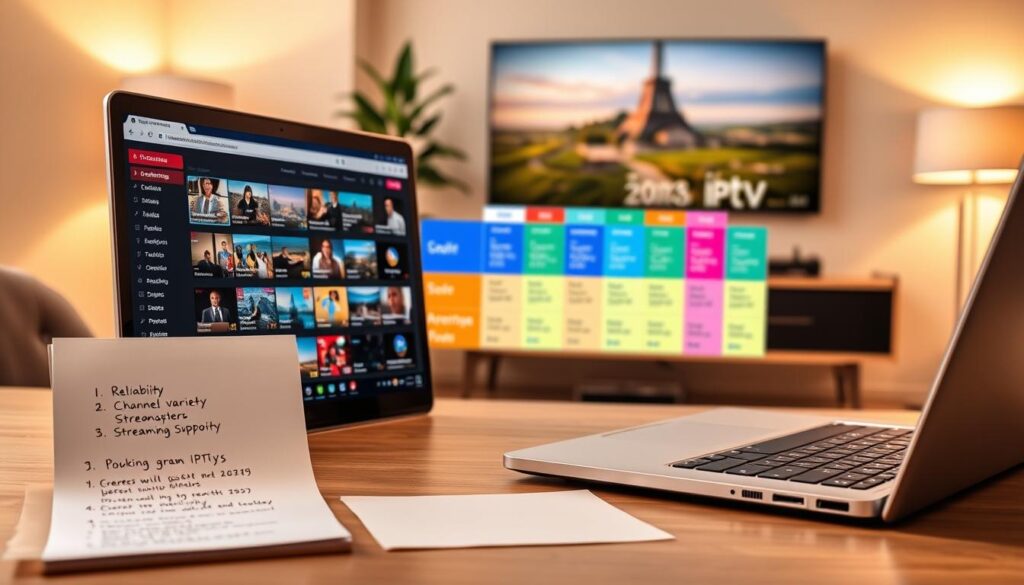 A modern, sleek workspace showcasing a comparison of different IPTV subscription options. In the foreground, a professional-looking laptop with an open browser displaying various IPTV channel listings and prices. To the left, a notepad with bullet points highlighting key criteria for selecting IPTV services: reliability, channel variety, customer support, and streaming quality. In the middle, a vibrant, colorful chart outlining the advantages of different IPTV providers. The background features a softly lit room with a stylish desk, a plant, and a wall-mounted TV displaying a French landscape. The lighting is warm and inviting, suggesting a comfortable, informed environment. The mood feels professional yet accessible, ideal for an audience seeking clarity on this topic. A modern, sleek workspace showcasing a comparison of different IPTV subscription options. In the foreground, a professional-looking laptop with an open browser displaying various IPTV channel listings and prices. To the left, a notepad with bullet points highlighting key criteria for selecting IPTV services: reliability, channel variety, customer support, and streaming quality. In the middle, a vibrant, colorful chart outlining the advantages of different IPTV providers. The background features a softly lit room with a stylish desk, a plant, and a wall-mounted TV displaying a French landscape. The lighting is warm and inviting, suggesting a comfortable, informed environment. The mood feels professional yet accessible, ideal for an audience seeking clarity on this topic.