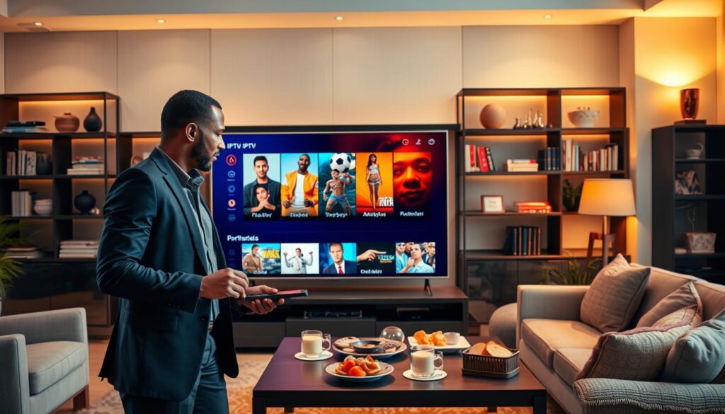 A modern, sophisticated living room featuring a large, high-definition TV displaying a vibrant interface of IPTV content options. In the foreground, a well-dressed person of diverse descent, casually engaged with a remote control, showcasing ease of use. The middle layer reveals a coffee table adorned with snacks and drinks, illustrating a cozy viewing atmosphere. In the background, elegant shelves filled with books and decorative items create a warm, inviting space. Soft, ambient lighting emanates from stylish lamps, enhancing the comfortable mood. The overall color palette is warm and inviting, emphasizing richness and diversity in content, suggesting a well-rounded IPTV experience. The image captures a sense of enjoyment and variety in entertainment without any distractions. A modern, sophisticated living room featuring a large, high-definition TV displaying a vibrant interface of IPTV content options. In the foreground, a well-dressed person of diverse descent, casually engaged with a remote control, showcasing ease of use. The middle layer reveals a coffee table adorned with snacks and drinks, illustrating a cozy viewing atmosphere. In the background, elegant shelves filled with books and decorative items create a warm, inviting space. Soft, ambient lighting emanates from stylish lamps, enhancing the comfortable mood. The overall color palette is warm and inviting, emphasizing richness and diversity in content, suggesting a well-rounded IPTV experience. The image captures a sense of enjoyment and variety in entertainment without any distractions.