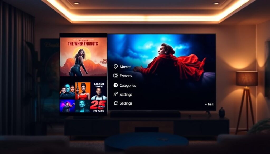 A modern streaming application interface with an emphasis on navigation features. The foreground showcases a sleek digital interface featuring vibrant thumbnails of TV shows and movies, organized in a grid layout with smooth transitions. In the middle, a user-friendly menu bar options includes sections for categories, favorites, and settings, highlighted by illuminated icons. The background displays a dynamic, dimly lit living room environment with a large television screen, creating an inviting atmosphere. Soft ambient lighting enhances the scene, reflecting a relaxed mood. The point of view is slightly angled, as if looking over the shoulder of a user interacting with the interface. Ensure there are no text overlays or watermarks present in the image. A modern streaming application interface with an emphasis on navigation features. The foreground showcases a sleek digital interface featuring vibrant thumbnails of TV shows and movies, organized in a grid layout with smooth transitions. In the middle, a user-friendly menu bar options includes sections for categories, favorites, and settings, highlighted by illuminated icons. The background displays a dynamic, dimly lit living room environment with a large television screen, creating an inviting atmosphere. Soft ambient lighting enhances the scene, reflecting a relaxed mood. The point of view is slightly angled, as if looking over the shoulder of a user interacting with the interface. Ensure there are no text overlays or watermarks present in the image.