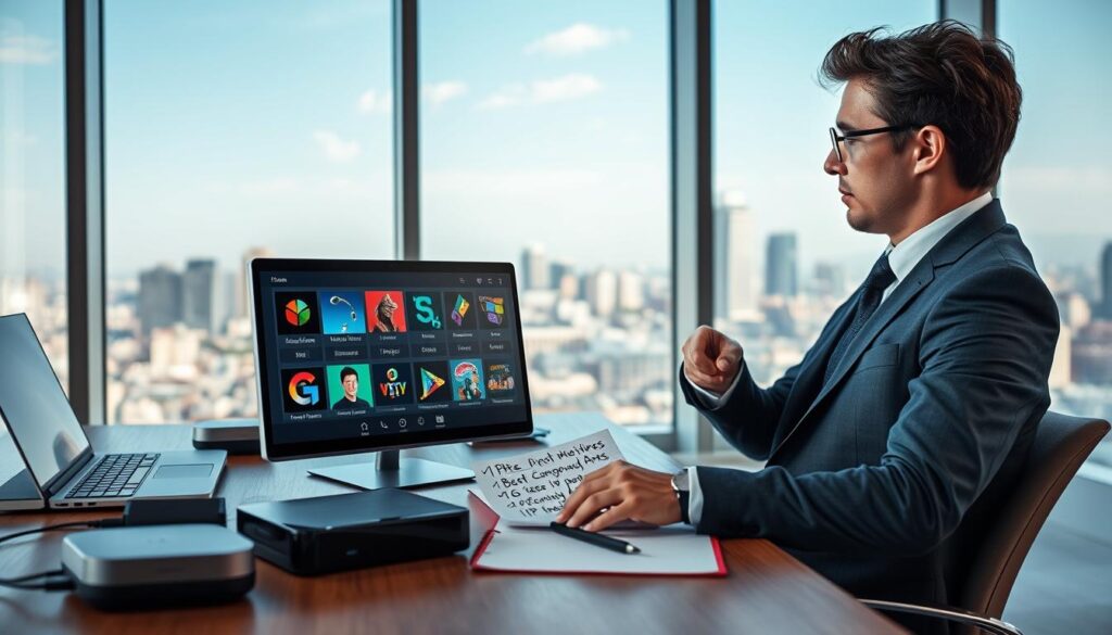 A modern, stylish workspace featuring an Android device displaying various IPTV applications on the screen. In the foreground, a well-organized desk with a laptop, streaming device, and a notepad with handwritten criteria for choosing IPTV apps. The middle layer includes a well-dressed professional analyzing the screen attentively, showcasing a thoughtful expression. The background features a large window with natural light pouring in, casting soft shadows, and a city skyline visible outside, creating a vibrant urban atmosphere. The overall mood is focused and informative, highlighting the essence of choosing the right IPTV application in a contemporary setting. High-quality lighting with a focus on clarity and detail, captured from a slightly elevated angle to emphasize the desk setup and device interactions. A modern, stylish workspace featuring an Android device displaying various IPTV applications on the screen. In the foreground, a well-organized desk with a laptop, streaming device, and a notepad with handwritten criteria for choosing IPTV apps. The middle layer includes a well-dressed professional analyzing the screen attentively, showcasing a thoughtful expression. The background features a large window with natural light pouring in, casting soft shadows, and a city skyline visible outside, creating a vibrant urban atmosphere. The overall mood is focused and informative, highlighting the essence of choosing the right IPTV application in a contemporary setting. High-quality lighting with a focus on clarity and detail, captured from a slightly elevated angle to emphasize the desk setup and device interactions.