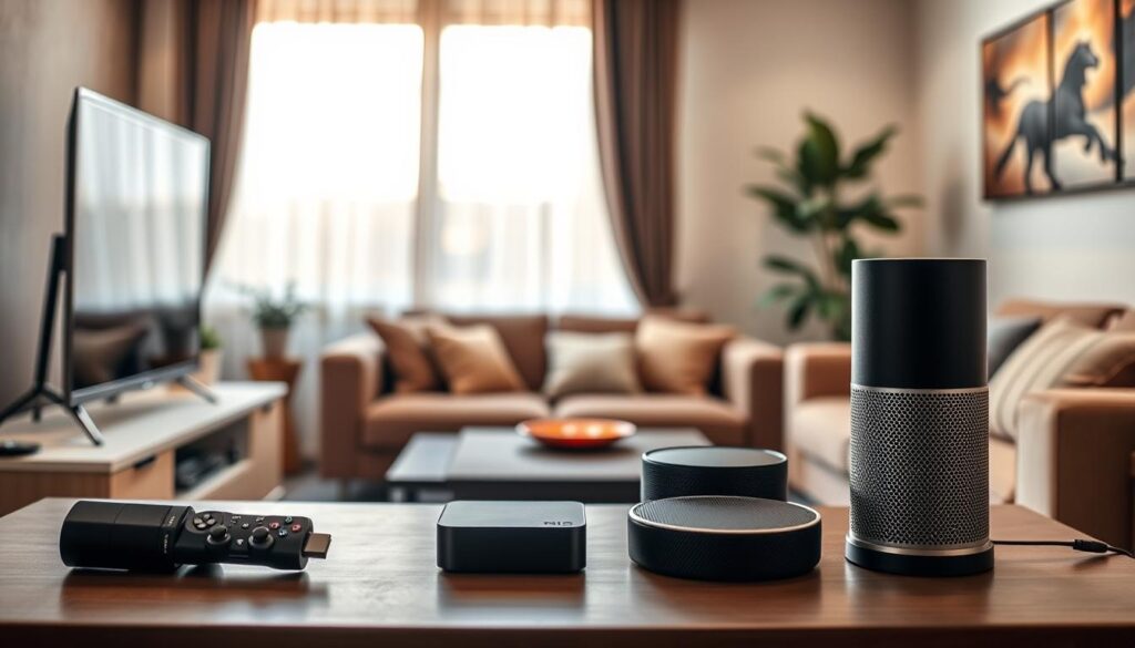 A modern, well-lit living room setup showcasing various compatible streaming devices for seamless IPTV experience. The foreground includes a sleek TV, connected devices like a streaming stick, a gaming console, and a smart speaker, all elegantly arranged on a stylish entertainment center. In the middle ground, a cozy couch with plush cushions invites viewers to imagine relaxation while streaming content. The background features a soft-focus window with sheer curtains letting in warm, natural light, creating an inviting atmosphere. The overall mood is modern and tech-savvy, conveying comfort and efficiency in entertainment. The angle is slightly elevated to capture both the devices and the cozy room. A modern, well-lit living room setup showcasing various compatible streaming devices for seamless IPTV experience. The foreground includes a sleek TV, connected devices like a streaming stick, a gaming console, and a smart speaker, all elegantly arranged on a stylish entertainment center. In the middle ground, a cozy couch with plush cushions invites viewers to imagine relaxation while streaming content. The background features a soft-focus window with sheer curtains letting in warm, natural light, creating an inviting atmosphere. The overall mood is modern and tech-savvy, conveying comfort and efficiency in entertainment. The angle is slightly elevated to capture both the devices and the cozy room.
