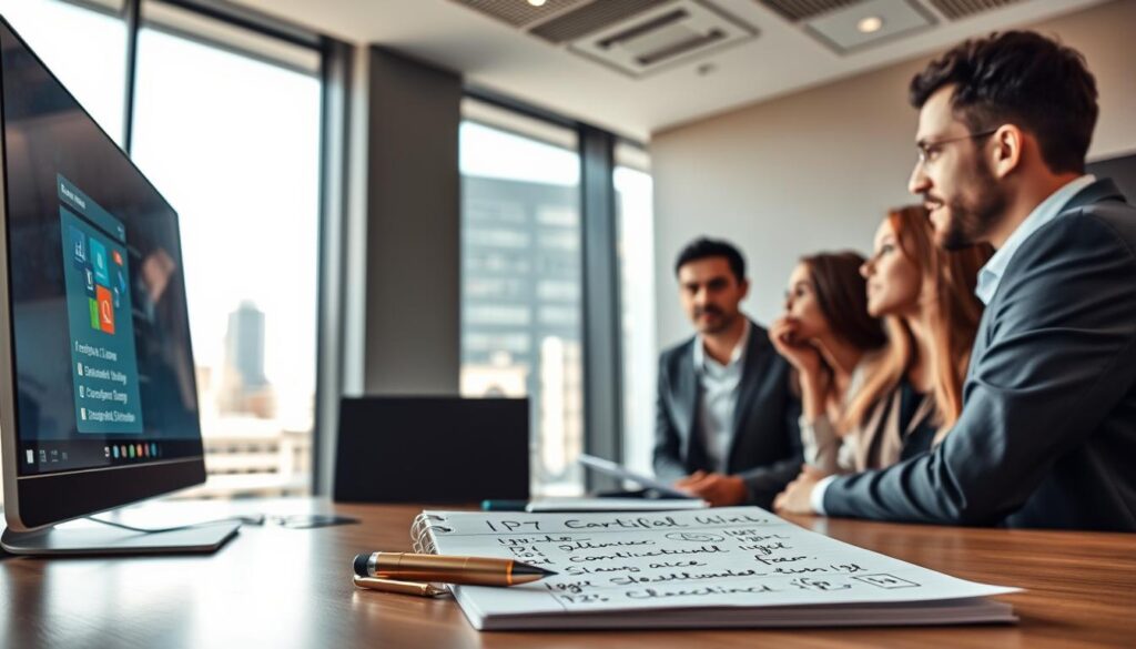 A modern, well-lit workspace featuring a sleek Windows computer displaying an IPTV application interface, showcasing essential criteria for choosing IPTV software. In the foreground, a diverse group of three professionals in business attire, engaged in a discussion, looking at the computer screen with focused expressions. The middle ground highlights a notepad and pen with handwritten notes outlining the criteria, creating an interactive atmosphere. The background features a large window with natural light pouring in, highlighting a cityscape, giving a sense of connectivity and advancement. The overall mood is collaborative and informative, with soft, warm lighting emphasizing a productive environment. A wide-angle lens captures the entire scene, providing depth and clarity to the image. A modern, well-lit workspace featuring a sleek Windows computer displaying an IPTV application interface, showcasing essential criteria for choosing IPTV software. In the foreground, a diverse group of three professionals in business attire, engaged in a discussion, looking at the computer screen with focused expressions. The middle ground highlights a notepad and pen with handwritten notes outlining the criteria, creating an interactive atmosphere. The background features a large window with natural light pouring in, highlighting a cityscape, giving a sense of connectivity and advancement. The overall mood is collaborative and informative, with soft, warm lighting emphasizing a productive environment. A wide-angle lens captures the entire scene, providing depth and clarity to the image.