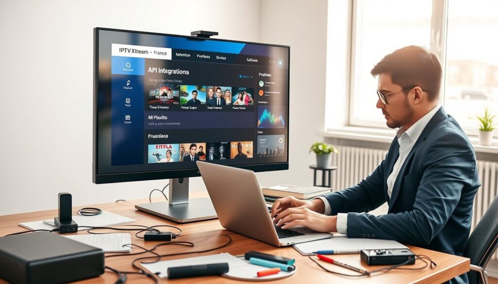 A modern workspace featuring a computer screen displaying IPTV Xtream's interface, showcasing API integration and M3U playlists in an elegant layout. In the foreground, a professional person in business attire is intently analyzing the screen, using a sleek laptop and surrounded by technical devices like a smartphone and a tablet. The middle ground emphasizes the organized desk clutter with notes and cables, indicating a busy yet efficient environment. In the background, a bright window casts natural light, illuminating the room with a warm, productive atmosphere. The overall mood should convey innovation and focus on digital entertainment management, highlighting the functionality of IPTV services in France. A modern workspace featuring a computer screen displaying IPTV Xtream's interface, showcasing API integration and M3U playlists in an elegant layout. In the foreground, a professional person in business attire is intently analyzing the screen, using a sleek laptop and surrounded by technical devices like a smartphone and a tablet. The middle ground emphasizes the organized desk clutter with notes and cables, indicating a busy yet efficient environment. In the background, a bright window casts natural light, illuminating the room with a warm, productive atmosphere. The overall mood should convey innovation and focus on digital entertainment management, highlighting the functionality of IPTV services in France.