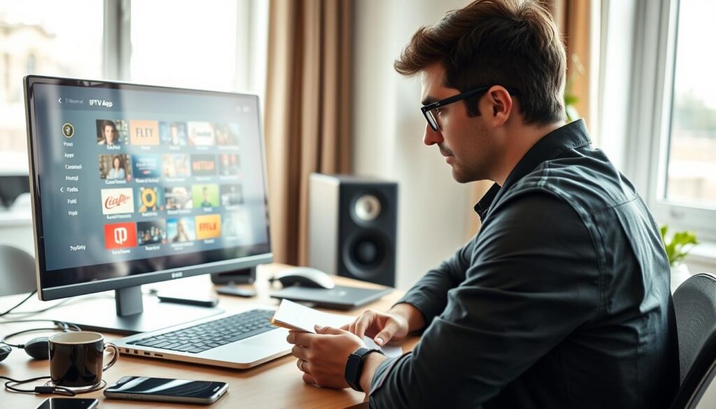A modern workspace featuring a laptop open to an IPTV application interface, displaying various channel options. In the foreground, a person in casual business attire is intently analyzing the screen, with a thoughtful expression, possibly taking notes. The middle layer presents a stylish desk cluttered with tech gadgets, a smartphone, and coffee, emphasizing a tech-savvy environment. In the background, a bright window allows soft natural light to fill the room, creating a warm and inviting atmosphere. The overall mood should be one of focused exploration, reflecting the theme of making informed choices about free IPTV applications. Use a slightly elevated angle to capture both the subject and the vibrant workspace effectively. A modern workspace featuring a laptop open to an IPTV application interface, displaying various channel options. In the foreground, a person in casual business attire is intently analyzing the screen, with a thoughtful expression, possibly taking notes. The middle layer presents a stylish desk cluttered with tech gadgets, a smartphone, and coffee, emphasizing a tech-savvy environment. In the background, a bright window allows soft natural light to fill the room, creating a warm and inviting atmosphere. The overall mood should be one of focused exploration, reflecting the theme of making informed choices about free IPTV applications. Use a slightly elevated angle to capture both the subject and the vibrant workspace effectively.
