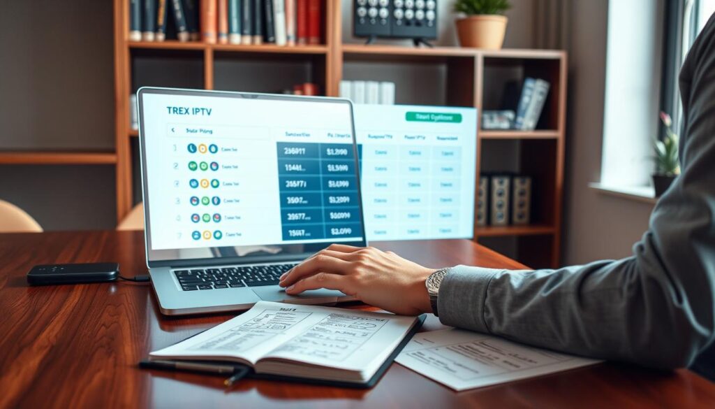 A modern workspace featuring a polished wooden desk with a laptop open to a sleek user interface of the TREX IPTV subscription options. In the foreground, a focused professional in smart casual attire is reviewing the screen, highlighting a selection of subscription plans. A soft, natural light filters through a nearby window, casting a warm glow over the scene. In the middle, a notepad with handwritten notes and comparison charts is placed next to the laptop, conveying a research process. The background shows a bookshelf filled with tech manuals and a small plant on a shelf, adding a touch of greenery. The mood is thoughtful and analytical, emphasizing the importance of making an informed decision. A modern workspace featuring a polished wooden desk with a laptop open to a sleek user interface of the TREX IPTV subscription options. In the foreground, a focused professional in smart casual attire is reviewing the screen, highlighting a selection of subscription plans. A soft, natural light filters through a nearby window, casting a warm glow over the scene. In the middle, a notepad with handwritten notes and comparison charts is placed next to the laptop, conveying a research process. The background shows a bookshelf filled with tech manuals and a small plant on a shelf, adding a touch of greenery. The mood is thoughtful and analytical, emphasizing the importance of making an informed decision.