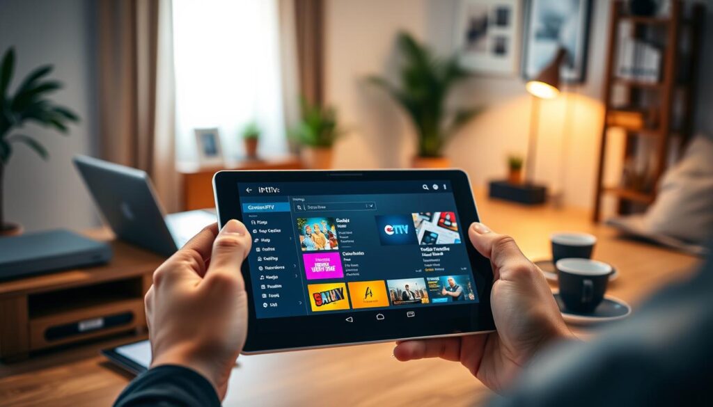 A modern workspace featuring a sleek Android tablet displaying an IPTV application interface. In the foreground, a person's hands are gently holding the tablet, focusing on the screen where vibrant application icons and settings are visible. In the middle ground, a well-organized desk with a laptop, some paperwork, and a cup of coffee adds to the ambiance. The background is softly blurred out, revealing a cozy room with warm lighting, gentle shadows enhancing the atmosphere of productivity. The scene is captured from a slightly elevated angle, giving an overview of the setup, with an inviting and professional mood that inspires confidence in the installation and configuration of IPTV applications. A modern workspace featuring a sleek Android tablet displaying an IPTV application interface. In the foreground, a person's hands are gently holding the tablet, focusing on the screen where vibrant application icons and settings are visible. In the middle ground, a well-organized desk with a laptop, some paperwork, and a cup of coffee adds to the ambiance. The background is softly blurred out, revealing a cozy room with warm lighting, gentle shadows enhancing the atmosphere of productivity. The scene is captured from a slightly elevated angle, giving an overview of the setup, with an inviting and professional mood that inspires confidence in the installation and configuration of IPTV applications.