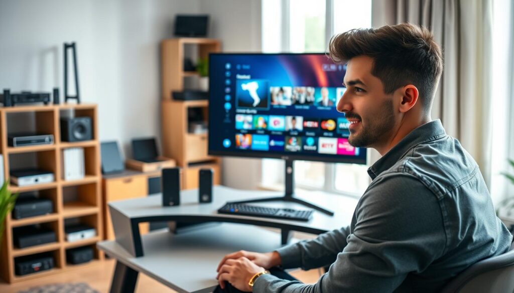 A modern workspace featuring a sleek computer desk with a high-tech monitor displaying a user-friendly IPTV interface. In the foreground, a person in casual yet professional attire is seated, focused on setting up the software. The middle ground presents a well-organized workspace with colorful streaming graphics on the screen, showcasing various channels available in France. The background includes a stylish bookshelf filled with tech gadgets and a window with natural light filtering through, creating a bright atmosphere. Soft, diffused lighting highlights the individual's concentrated expression, giving a sense of engagement and satisfaction with the IPTV installation process. The overall mood is one of innovation and excitement about the future of television technology in 2026.